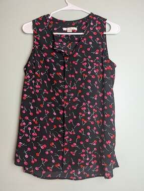 Coquette C&E Black And Pink Cherry Print Sleeveless Blouse Top Size S